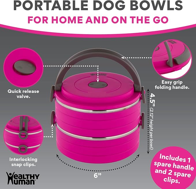 Healthy Human Travel Pet Bento Bowls, 2 Pack, Pink