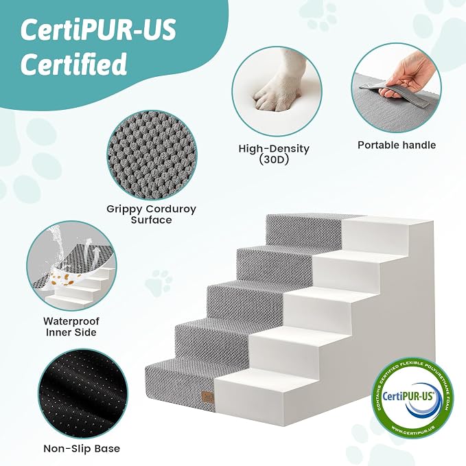 COZY KISS Dog Stairs for Small Dogs, 5 Step Pet Stairs for Beds & Couches | 17.7" H Non-Slip Dog Steps for Bed & Sofa, Gentle Incline for Puppies, Senior Cats, and Small Dogs, 17.7x29.5x17.7 in, Grey