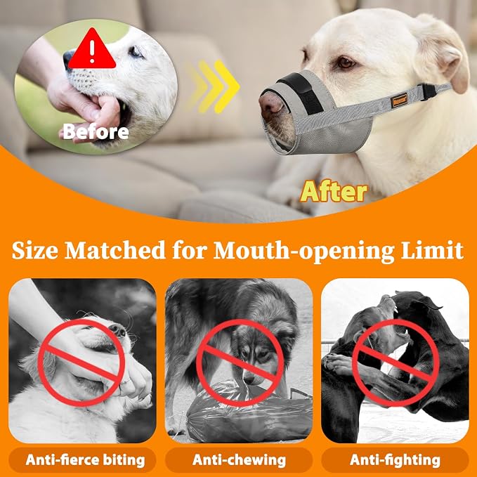 Adjustable Dog Muzzle, Fabric Medium Large Dog Muzzle Anti Biting | Soft & Sturdy, Prevents Fierce Barking Chewing, Grooming Walking Vet Visits Nail Care Use, Allows to Pant & Drink | Grey, M
