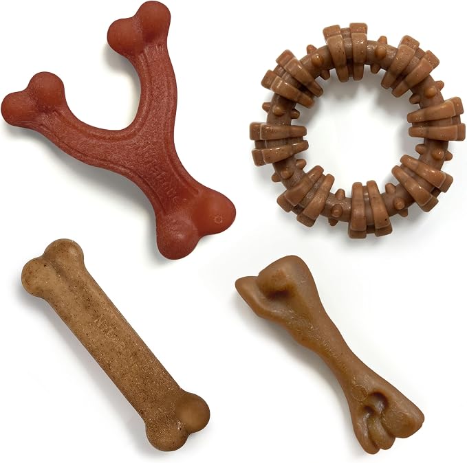 Nylabone Strong Chew Dog Toy 4-Pack, Durable Chew Toys, Small Dogs | Dog toys for aggressive chewers, made with real bacon, bison, venison, beef and chicken, for small breed dogs up to 25 lbs