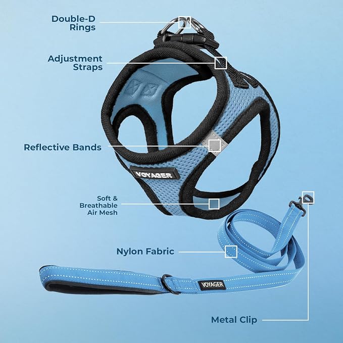 Best Pet Supplies Voyager Step-in Air All Weather Mesh Harness and Reflective Dog 5ft Leash Combo with Neoprene Handle, for Small, Medium and Large Breed Puppies - Baby Blue/Black Trim, X-Small