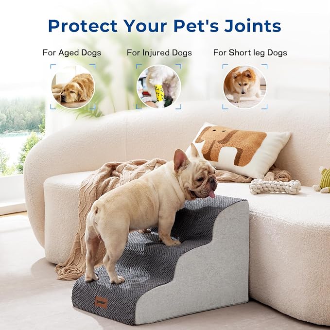 ZOMISIA Dog Stairs Ramp for Bed 19.7" H - Pet Stairs Steps for Small to Medium Dogs to Get on Bed and Couch, 35D Foam with Non-Slip Bottom Beige, 4 Steps
