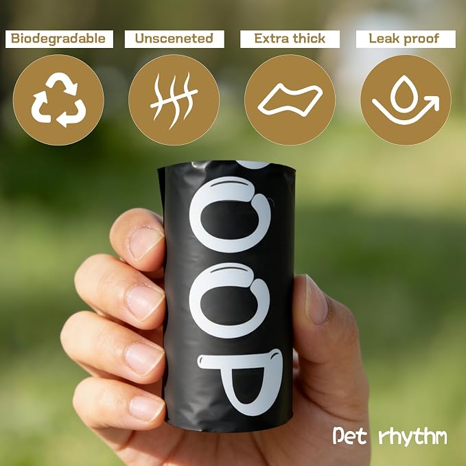 100% plant-based Dog Poop Bags Rolls, ASTM D6400 & EN 13432 Compliant, 120 waste bag including dispenser, 13 in × 9 in black poop bags for dogs, Super thick 100% leak proof