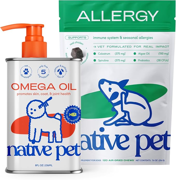 Native Pet Itchy Skin Bundle: Allergy Chews for Dogs (120 Air-Dried Chews) + Omega Oil for Dogs (8 Oz.) - Allergy Relief with Probiotics for Itchy Skin & Fish Oil Promotes Healthy Skin, Coat & Joints