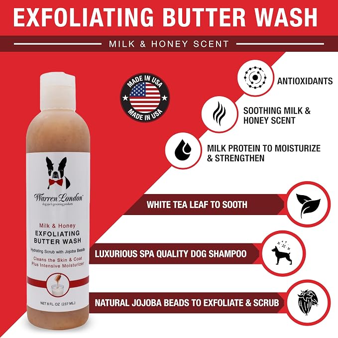Warren London Exfoliating Butter Wash – Milk & Honey Dog Shampoo, 1-Gallon Pro Size | Cleans, Exfoliates & Deep-Conditions | Jojoba Beads Remove Dandruff & Itch | Dilutable, Non-Oily Shine | USA Made