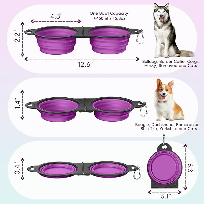Pawaboo 2-in-1 Collapsible Dog Bowl, 450ml, Purple