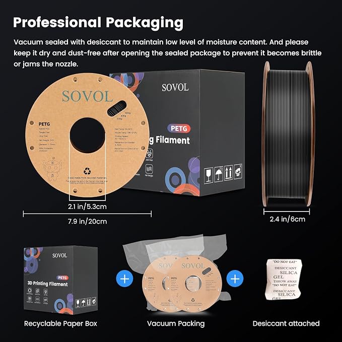 Sovol 3D Printer PETG Filament 2kg (4.4 lbs) Spool Printing Materials, Wiring Tightness, Dimensional Accuracy +/- 0.03 mm, 1.75 mm, Black + White