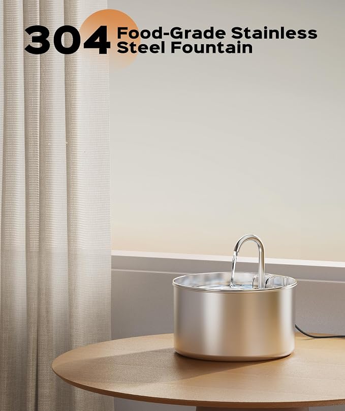 Cat Water Fountain Stainless Steel + 6 Filters + 3 Sponges - Pet Water Fountain 24/7 Keep The Water Fresh 74oz Capacity Ultra-Quiet No Sputter Compact Easy to Clean