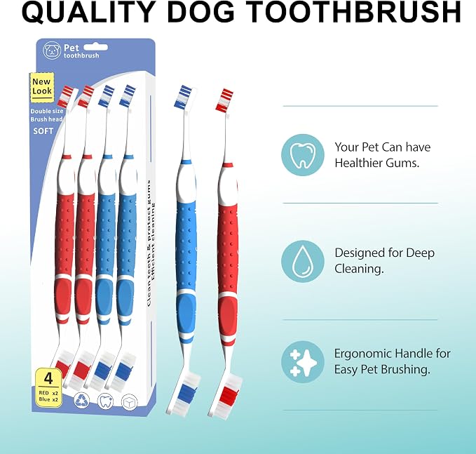 4Pcs Professional Pet Toothbrush, Dog & Cat Soft Bristle Double-Sided Brush Head Set, Pet Brushing Teeth to Clean Teeth to Reduce Tartar Buildup, Pet Dental Care Essentials