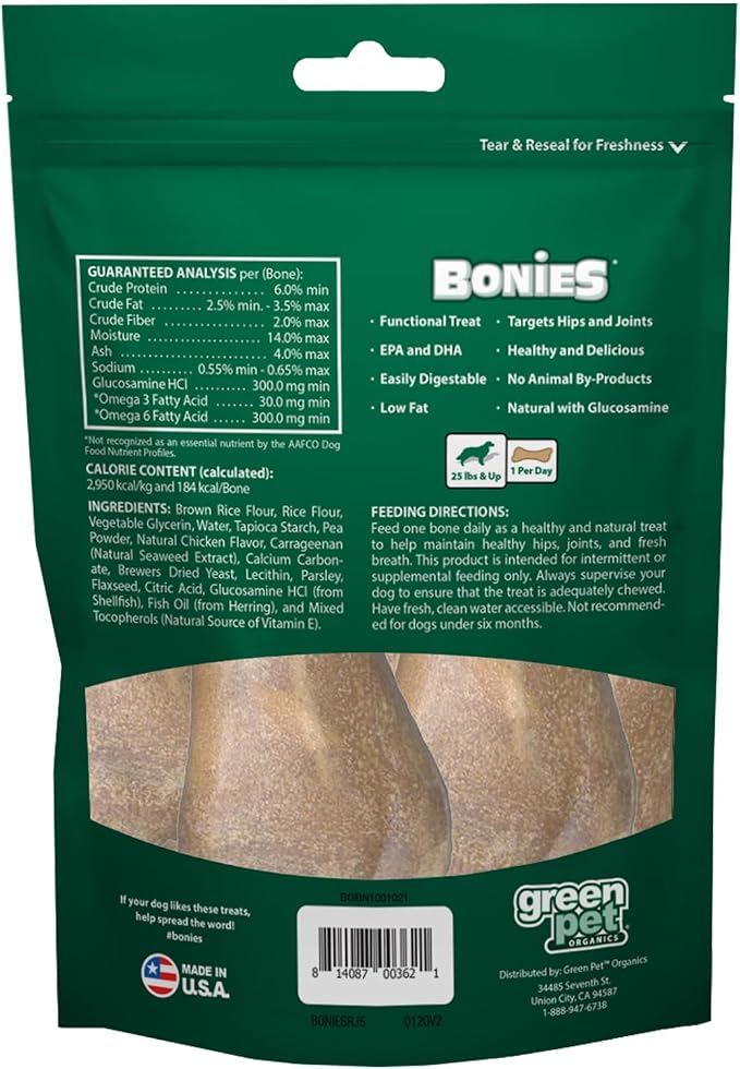 Bonies Natural Hip & Joint Formula Large-Sized Single Bone, Glucosamine & Omega Fatty Acids, Fresh Breath, Clean Teeth, Low Calories, Chicken Flavor, [Large Dogs], 5 Bones