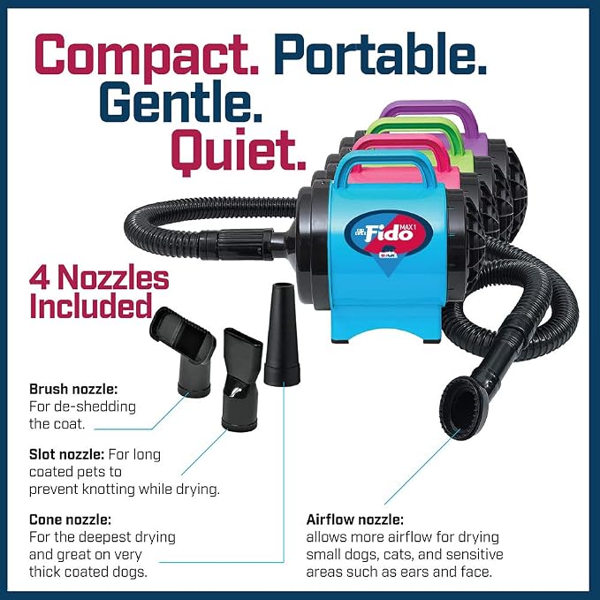 B-Air Fido Max 1 Dog Hair Dryer - Premier Grooming Collection, with 6-Foot Hose and 4 Grooming Nozzles, Hot Pink