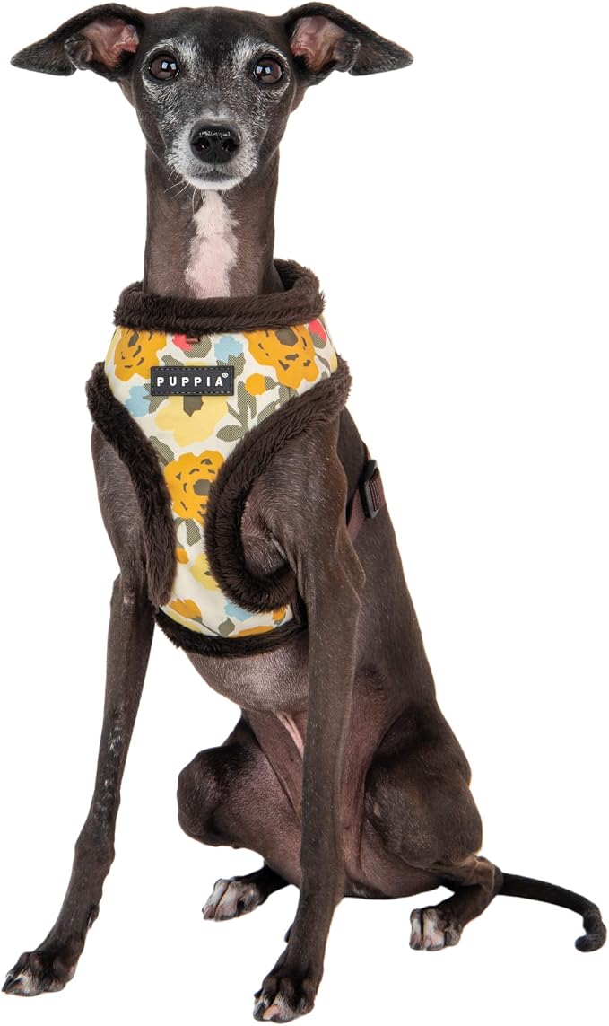 Puppia Alyssa Dog Harness Over-The-Head Warm Winter Flower Pattern Adjustable Chest for Small and Medium Dog, Brown, Large