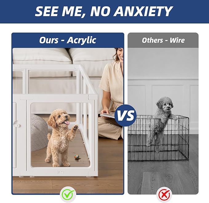 Clear Acrylic Dog Playpen Indoor, Puppy Cat Small Pet Play Pen, Pet Cat Playpen for Rabbits, Dog Fence Crate Kennel Whelping Cage (White, Door + Panel)