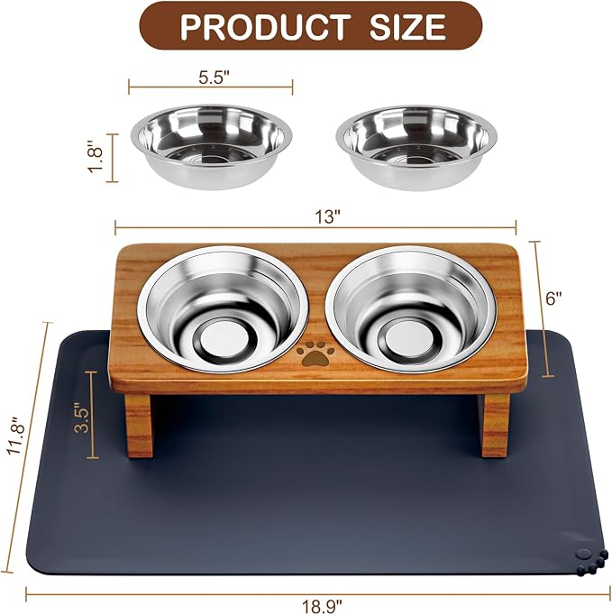 Elevated Cat Bowls with Silicone Mat, 15° Tilted Solid Wood Stand, Raised Stainless Steel Food & Water Dishes for Cats and Small Dogs, Anti-Vomiting Design(Teak)