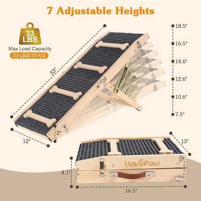 VavoPaw Upgraded Dog Ramp for Couch, 7 Adjustable Height from 2.4"-18.5", Portable Pet Steps with Non-Slip Pad, Foldable Dog Ramps for Small Dogs, Pet Ramp for Couch Sofa Stairs