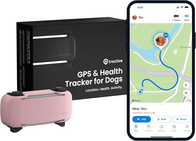 Tractive GPS Dog Tracker (2025 Release) Real-time Pet Location Tracker | Health & Wellness Alerts | Virtual Fence for Dogs | Bark Monitoring (Black w/Pink Cover)