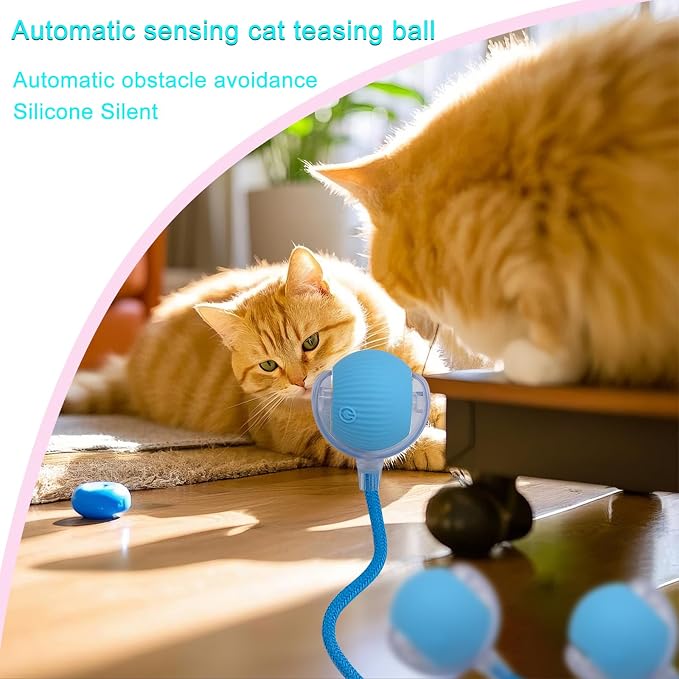 Interactive Cat Dog Toy Ball with LED Light, Automatic Rolling(Blue) | String Tail and LED Light Design, Motion Activated, Suitable for Interactive Indoor Pet Play and Exercise