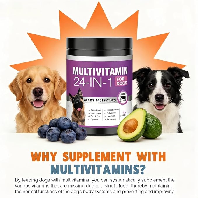 24-in-1 Dog Vitamins and Supplements, Dog Multivitamin Chewable with Glucosamine, Chondroitin, Probiotics & Omega 3 for Skin and Coat, Hip and Joint, Gut and Immune Support, 200 Chews