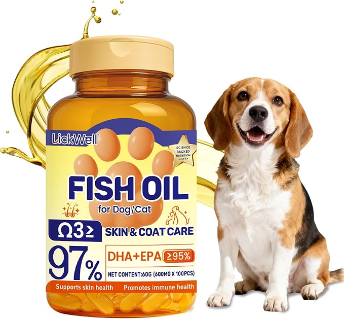 Fish Oil Pet Up to 97% Omega 3, 600 mg Omega 3 Per Soft Gel, Dog Fish Oil Supplement ≥95% EPA and DHA, Promotes Skin, Coat, Joint, and Immune Health, 100 Capsules