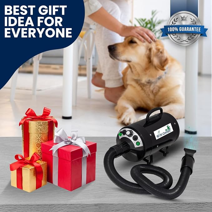 My Pet Command Professional 4.5HP Dog Dryer Blower High Velocity, 110V | 500W-2800W, Ultra Quiet, Adjustable Hot Cold Airflow and Windspeed , For Drying Deshedding, With 4 Nozzles and Slicker Brush