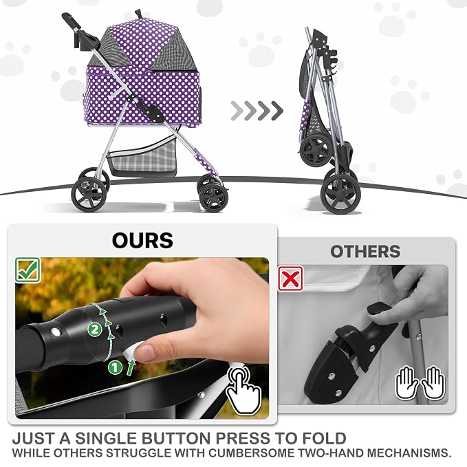 MoNiBloom 3-in-1 Foldable Pet Stroller - Purple Polka Dots, up to 33lbs