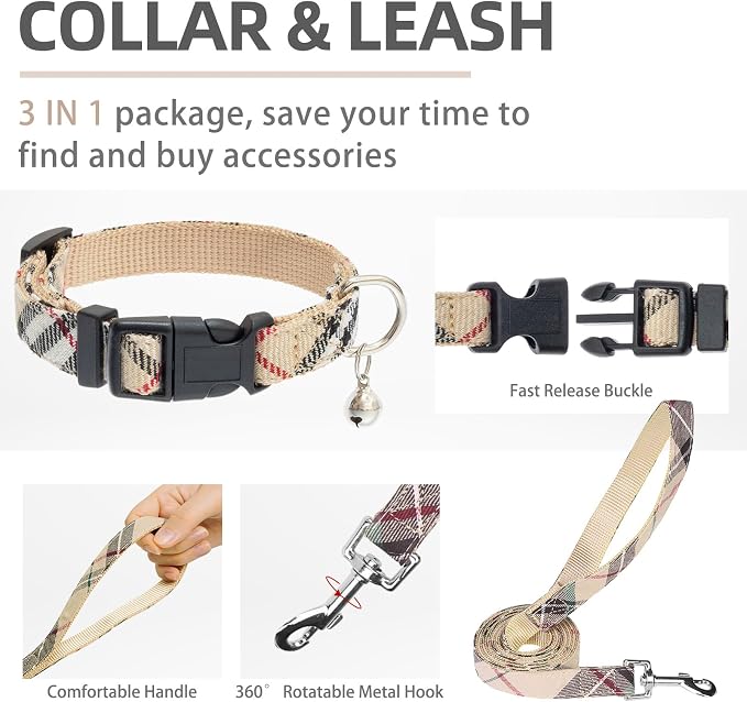 PUPTECK Adjustable Dog Harness Collar and Leash Set Step in No Pull Pet Harness for Small Medium Dogs Puppy and Cats Outdoor Walking Running, Soft Mesh Padded Reflective Vest Harnesses, Beige L