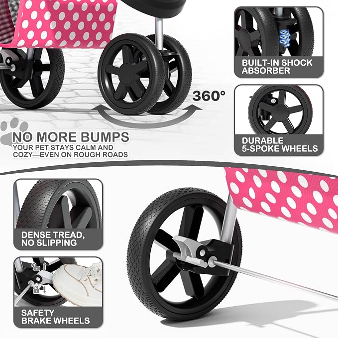 MoNiBloom 3-Wheel Foldable Pet Stroller - Hot Pink Polka Dots