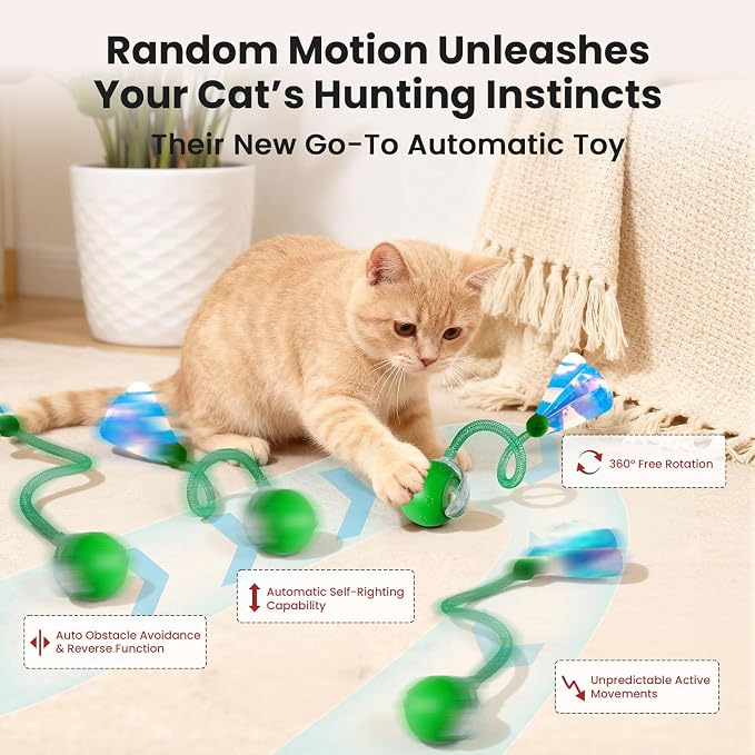 Rocfish Durable Interactive Cat Toys for Indoor Cats (Green, 03) | Smart Automatic Cat Chase Ball Toy, Upgraded Speedy Tail Kitten Toy for Bored Indoor Adult Pets