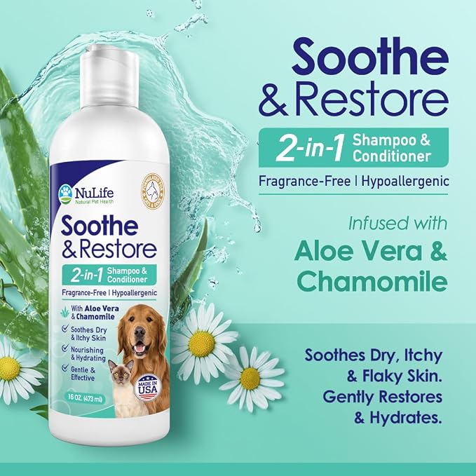2-in-1 Dog Shampoo and Conditioner with Soothing Aloe Vera & Chamomile, Sensitive Skin, Fragrance-Free, Hypoallergenic Formula Provides Itchy Skin Relief from Dry Skin & Allergies - 16oz