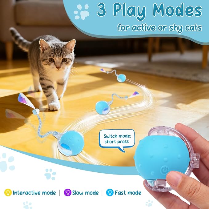 Interactive Automatic Cat Toy Ball-USB Rechargeable，Motion Activated Toy | Interactive Mode, 2 Speeds Mode, 2 Tails, Long Battery Life, Chirping, for Indoor Cats, Kitten, Works on Floor Tile Carpets