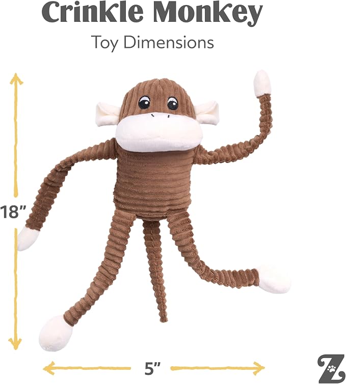 ZippyPaws Crinkle Monkey for Medium-Extra Large Dogs, Large/Brown | Interactive Dog Toys to Keep Them Busy, Squeaky Plush Pet Toy for All Breeds, Contains 1 Blaster Squeaker