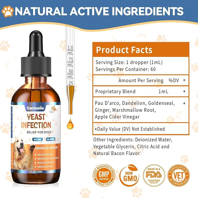 Natural Yeast Relief Drop for Dogs 60ml Bacon, Itch Allergy Ear Paw Support