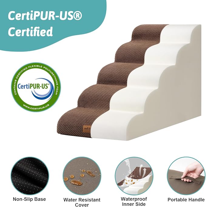 COZY KISS Wide Dog Stair for Small Dog 22.6" H, 5 Step Pet Ramp for Bed | Curved Stable Dog Step for Puppy, Older Cat, Senior, Medium, Short-Legged Dog, Non-Slip Ladder for Car, Brown