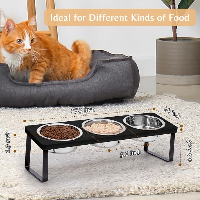 Elevated Cat Bowls for Food and Water: 15° Tilted Raised Cat Bowl Set Whisker Friendly 3 Black Stainless Steel Anti Vomiting Dishes with Stand for Indoor Kitty Kittens and Pet