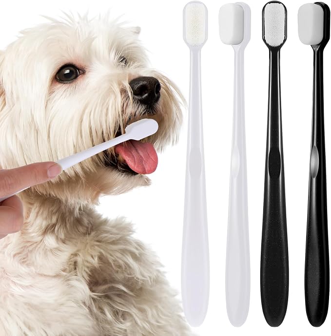 Puppy Toothbrush, 4 Pcs Super Soft Dog Toothbrush Long Handle Pet Toothbrush Dog Tooth Brushing Kit Universal for Pet Dogs Teeth Cleaning and Oral Care Dental Hygiene Convenient (Black, White)