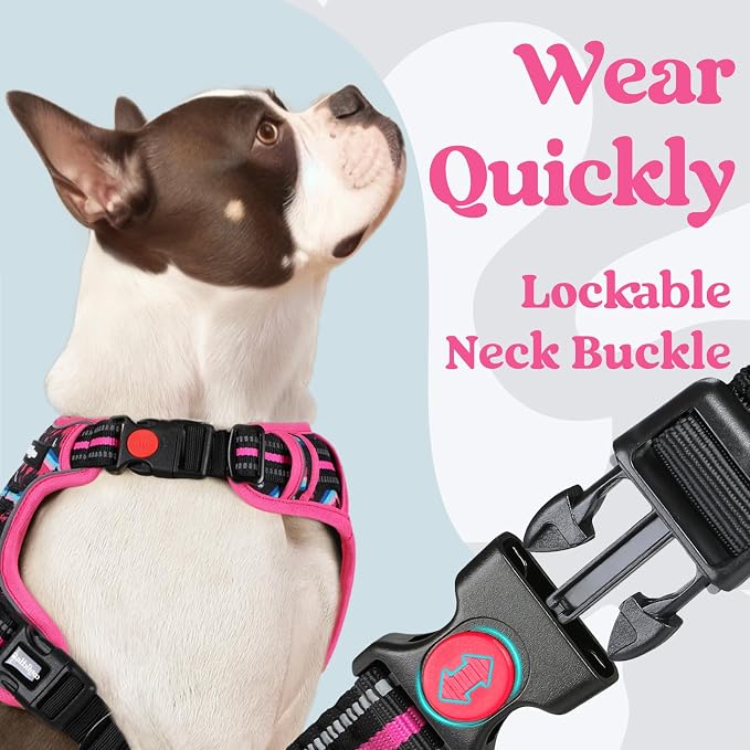 rabbitgoo Dog Harness for Large, Updated Easy On & Off with 3 Buckles | No Pull No Choke, Walking with 2 Clips and Handle, Adjustable Soft Reflective, Mountain Rose, X-large