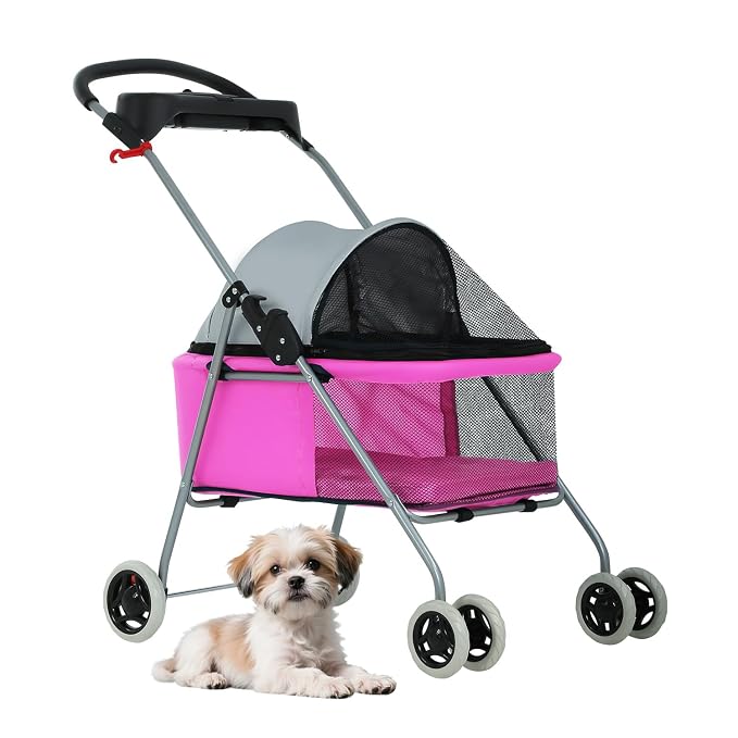BestPet 4-Wheel Foldable Pet Stroller - Pink, up to 33lbs