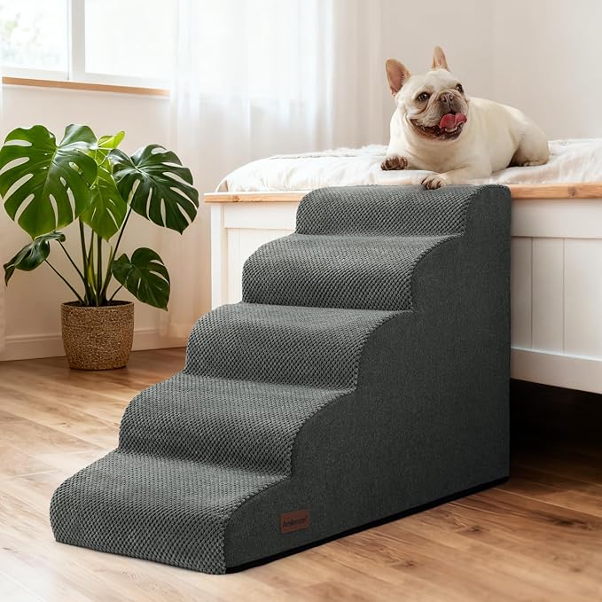 Aodisman Dog Stairs for Bed 22.4”H,5-Step Dog Ramp for Small Dogs & Cats,Pet Steps for Dogs to get on High Bed, Indoor Anti-Slip Pet Stairs for Old Cats and Puppy,Grey
