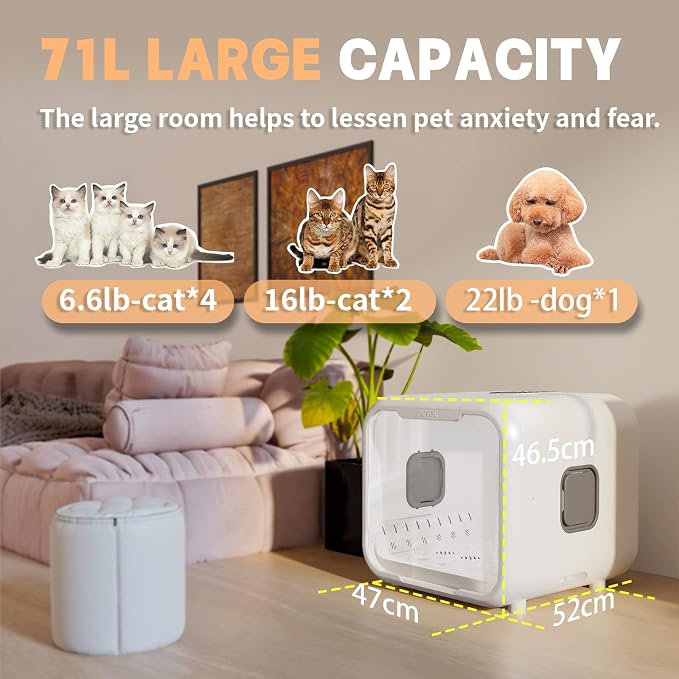 Automatic Pet Dryer Box for Cats and Small Dogs,Ultra Quiet Dog Hair Dryer 71L Capacity with Smart Temperature Control and 360 Drying (White-APP)