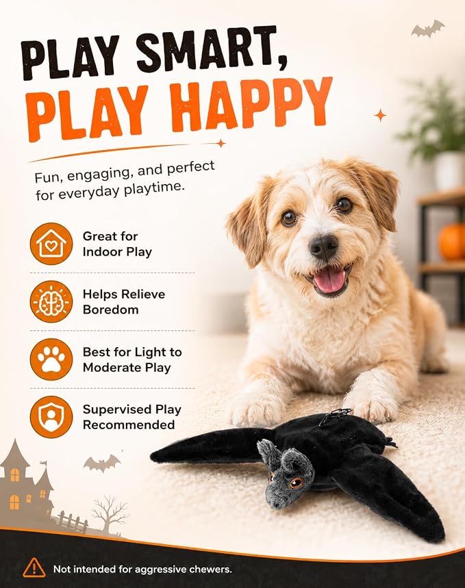 Halloween Interactive Flapping Bat Dog Toy, Motion Activated Rechargeable Plush Toy with Moving Wings for Bored Dogs, Puppies, Small & Medium Dogs (1PCS)