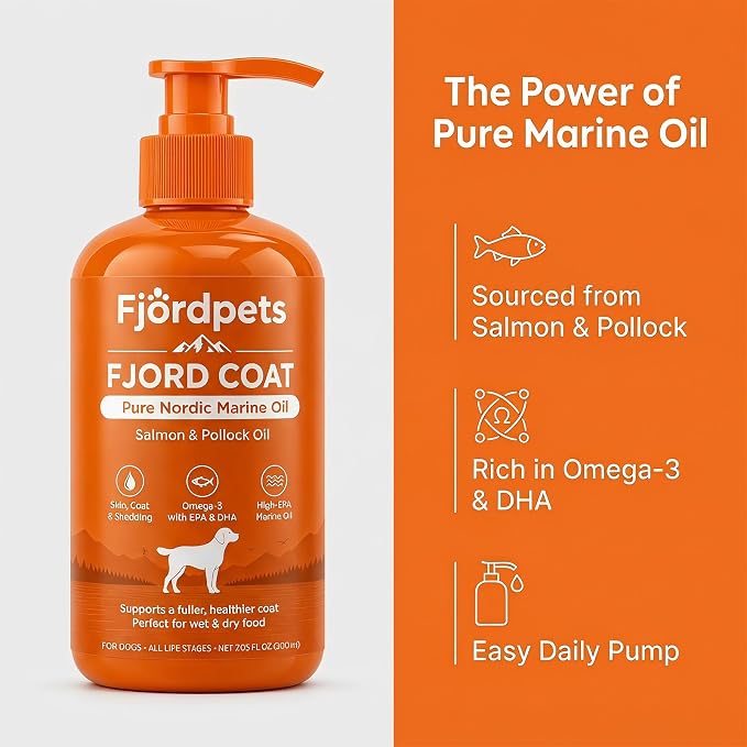 Fjordpets Fjord Coat Marine Oil for Dogs, Omega-3 Salmon and Pollock Fish Oil with EPA and DHA, Liquid Drops Supplement for Skin & Coat, 7.05 fl oz