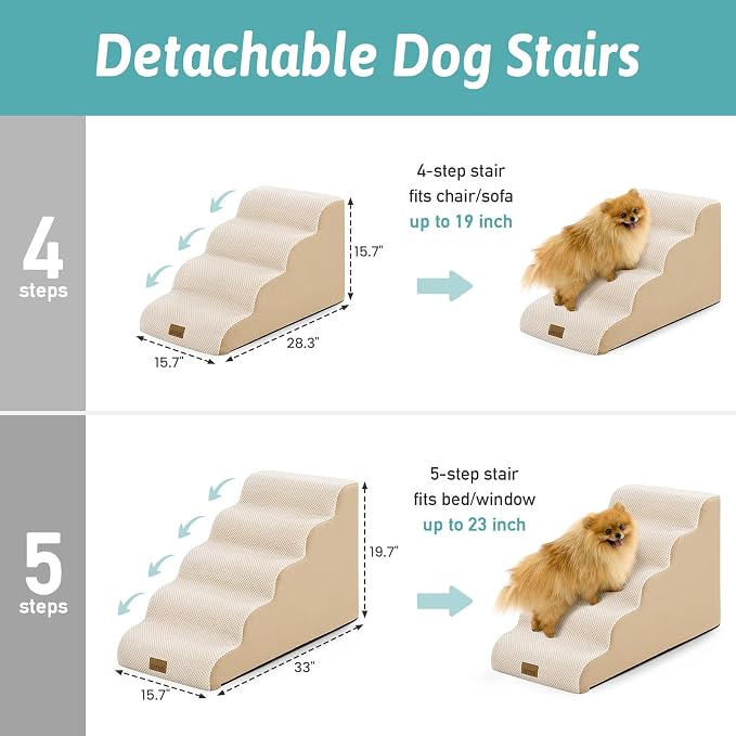 COZY KISS Dog Stairs for Small Dogs, 4 Step Pet Stairs for Beds & Couches | 15.7" H Curved Non-Slip Foam Dog Steps with Washable Cover for Puppies, Older Cats & Small Dogs, 15.7x28.3x15.7 in, Beige