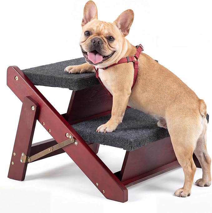 MEWANG Wooden Pet Stairs/Pet Steps - 2-in-1 Foldable Stairs & Ramp for Beds and Cars - Portable Dog/Cat Ladder Up to 220 Pounds - Great for Small and Older Animals(Brown) (17.3" L x 17.24" W x 13" H)