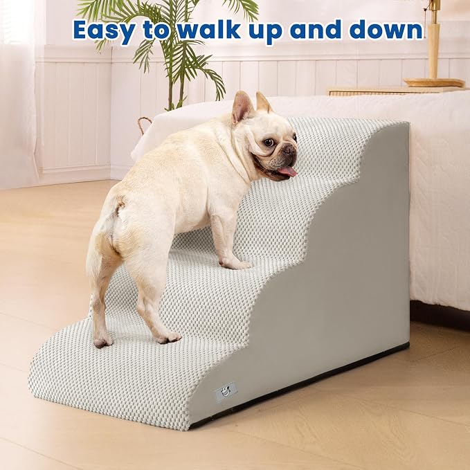 Airpanda Dog Steps for Bed, 4 Step Pet Stairs for Small and Medium Dogs, Non-Slip Dog Ramp with Washable Cover, High-Density Support Foam for Easy Climbing,Light Grey
