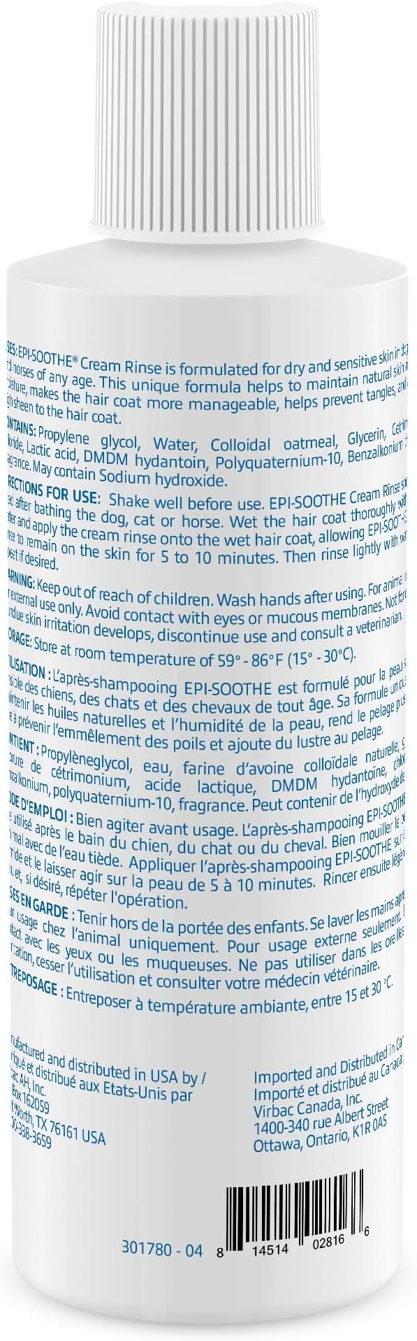 Epi-Soothe Cream Rinse for Dogs, Cats & Horses - for Dry and Sensitive Skin | Oatmeal dog conditioner/cream rinse soothes dry, sensitive, itchy skin on dogs, cats & horses. Detangles & adds high sheen