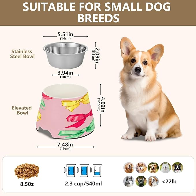 Blueangle Elevated Dog Bowls with Stainless Steel - Non-Slip 2.3 Cup High Capacity Pet Dish for Spinal Health & Colorful Bows Design（193）