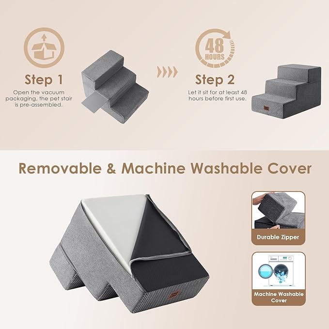 EHEYCIGA Dog Stairs for Small Dogs 16.5" H, 3-Step Extra Wide Dog Steps for Couch Sofa and Chair, Pet Steps for Medium Cats, Non-Slip Balanced Pet Ramp Indoor, Grey