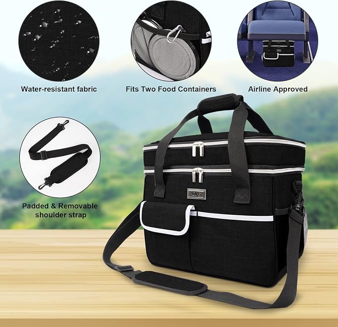 BAGLHER Dog Travel Bag, Double-Layer, with Food Containers & Bowls, Black