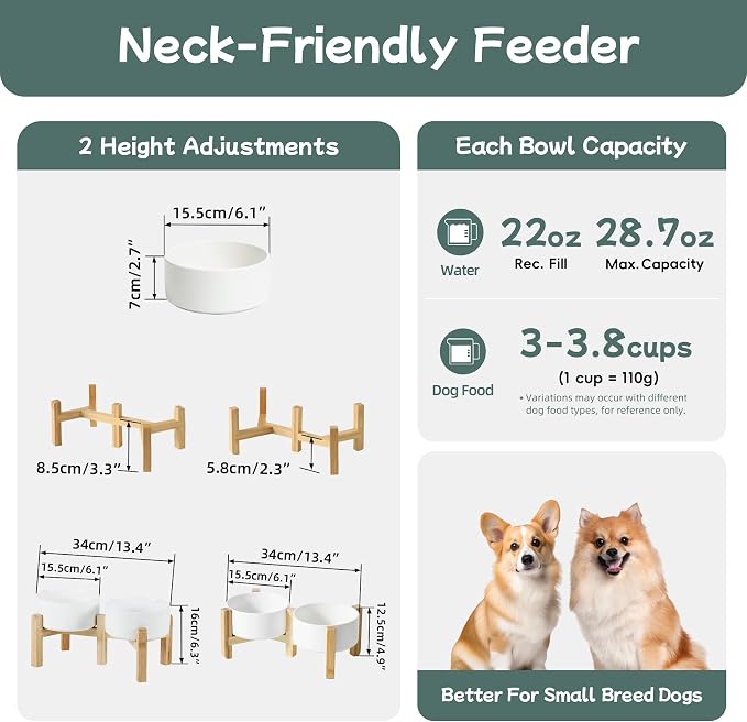 Havniva 6.1” Dog Bowls Elevated Ceramic Dog Food and Water Bowl Set, Double Raised Dog Water Bowl with Stand Non-Slip Rubber Base Two Heights Large Capacity Pet Food Bowl for Small & Medium Dogs