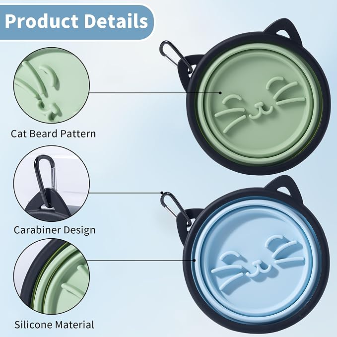 2-Pack Silicone Collapsible Dog Bowl, Ear Shape, 25oz, Light Blue and Green
